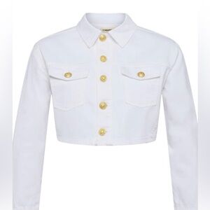 NWOT L’AGENCE Genevie Cropped Denim Jacket Blanc White Gold Dome Buttons Size M